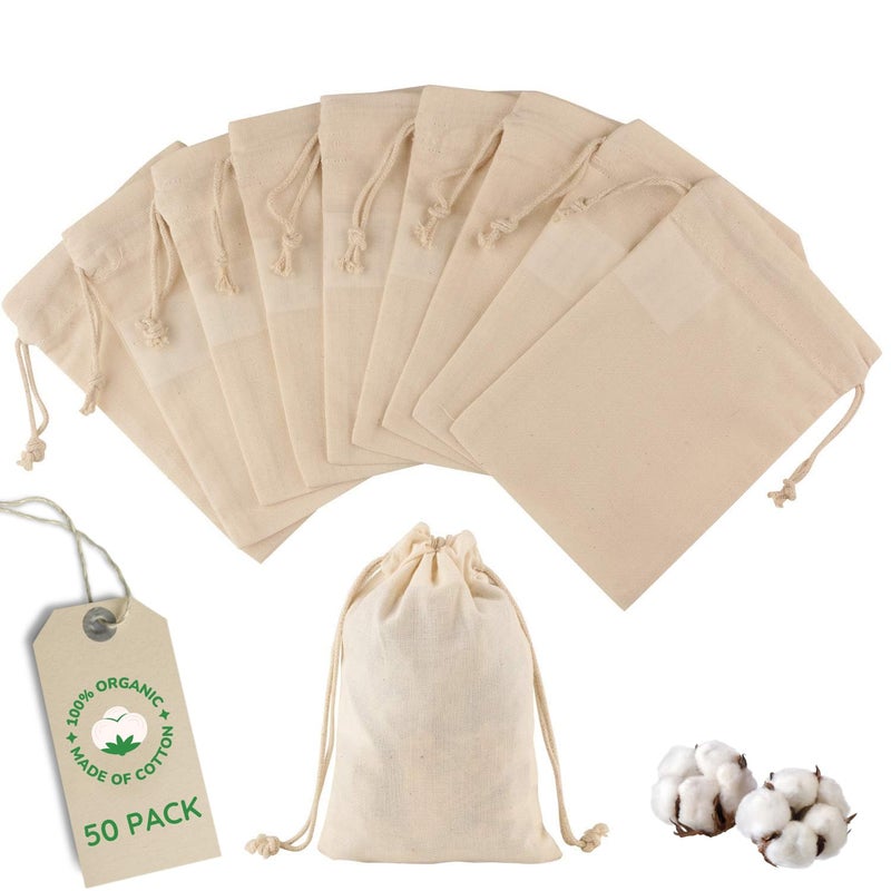 Greenmile 50 Pieces Organic Cotton Muslin Bags 4x6 Inch - Image 1